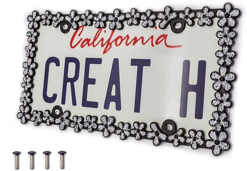 Creathome 3D Shining Daisy Wrenth License Plate Frame from Pure Zinc Alloy Metal Perfect Plate Holder,Matt Black with Silver Glitter - Image 1