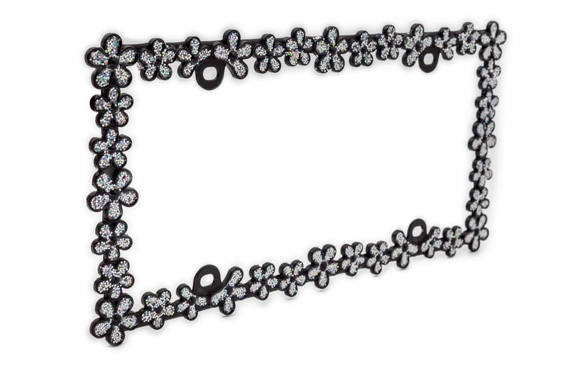 Creathome 3D Shining Daisy Wrenth License Plate Frame from Pure Zinc Alloy Metal Perfect Plate Holder,Matt Black with Silver Glitter - Image 3