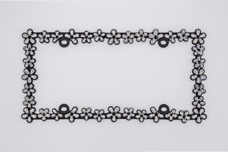 Creathome 3D Shining Daisy Wrenth License Plate Frame from Pure Zinc Alloy Metal Perfect Plate Holder,Matt Black with Silver Glitter - Image 2