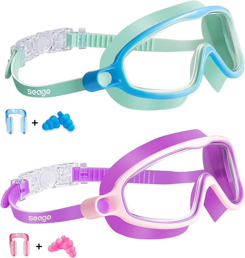 Seago Swim Goggles 2 Pack Anti-Fog Anti-UV Wide View Swimming Goggles for Kids 3-14 - Image 1