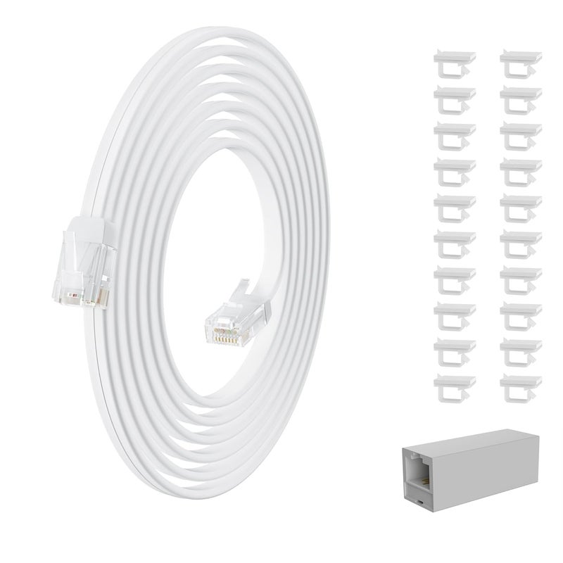 HIFIND Telephone Extension Cord 25 Ft, Anti-UV Weatherproof Phone Cable Line Wire with Standard RJ11 Plug for Landline Modem Fax Machine Outdoor with 1 in-Line Coupler&Clip Holders -Flat-White - Image 1