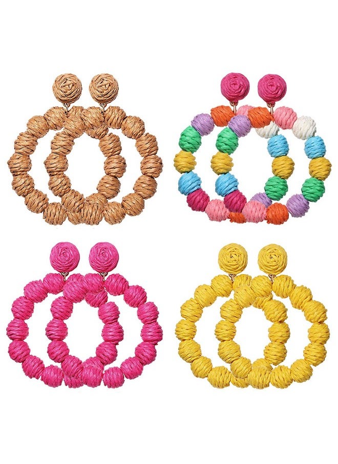 PHALIN - 4 Pairs Rattan Earrings For Women Boho Raffia Ball Hoop Dangle Earring Set Handmade Summer Beach Earrings Lightweight Straw Wicker Braid Earrings Gifts (4Pairs Dangle Earrings) - Image 1