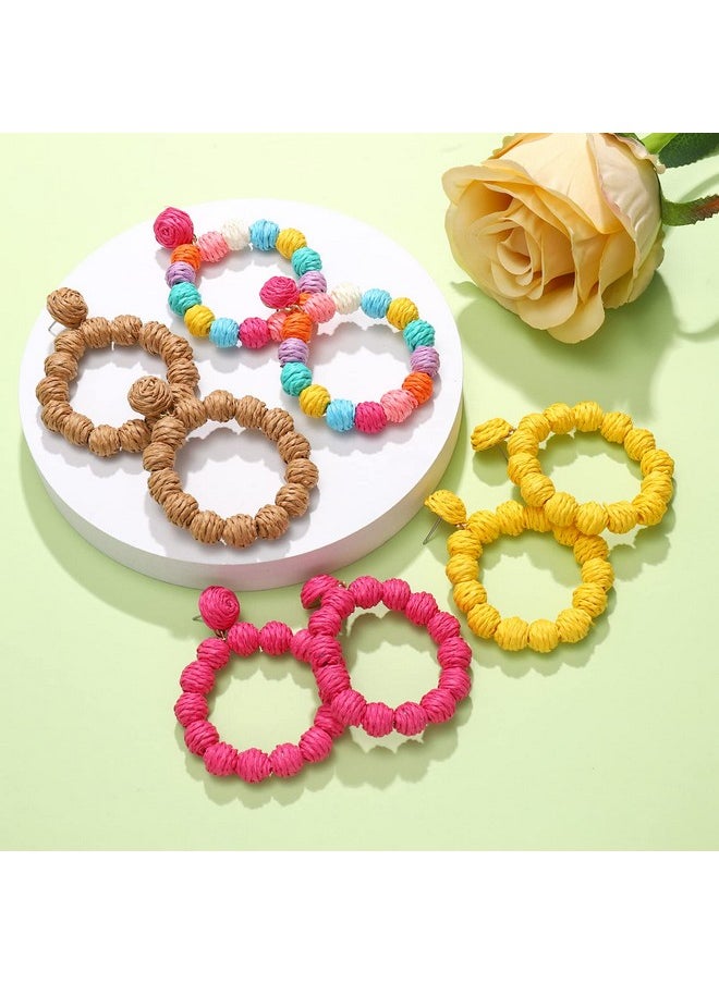 PHALIN - 4 Pairs Rattan Earrings For Women Boho Raffia Ball Hoop Dangle Earring Set Handmade Summer Beach Earrings Lightweight Straw Wicker Braid Earrings Gifts (4Pairs Dangle Earrings) - Image 1