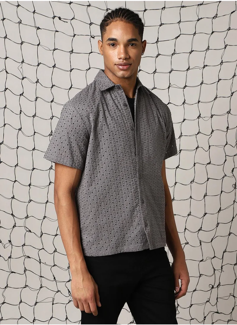 هوبرهولمي Men's Grey 100% Cotton Embroidered Button Down Shirt