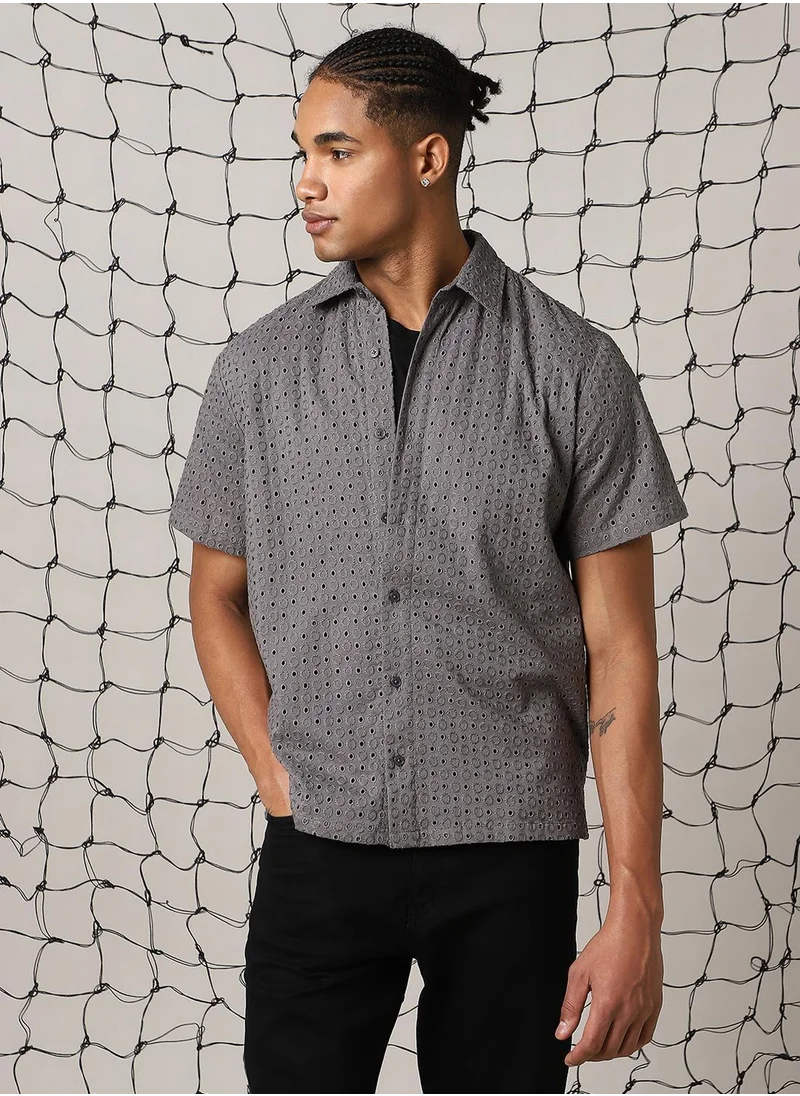 هوبرهولمي Men's Grey 100% Cotton Embroidered Button Down Shirt