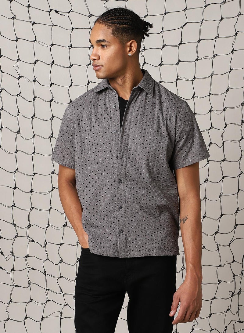 Hubberholme Men's Grey 100% Cotton Embroidered Button Down Shirt - Image 1