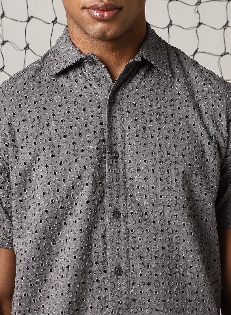 Hubberholme Men's Grey 100% Cotton Embroidered Button Down Shirt - Image 4