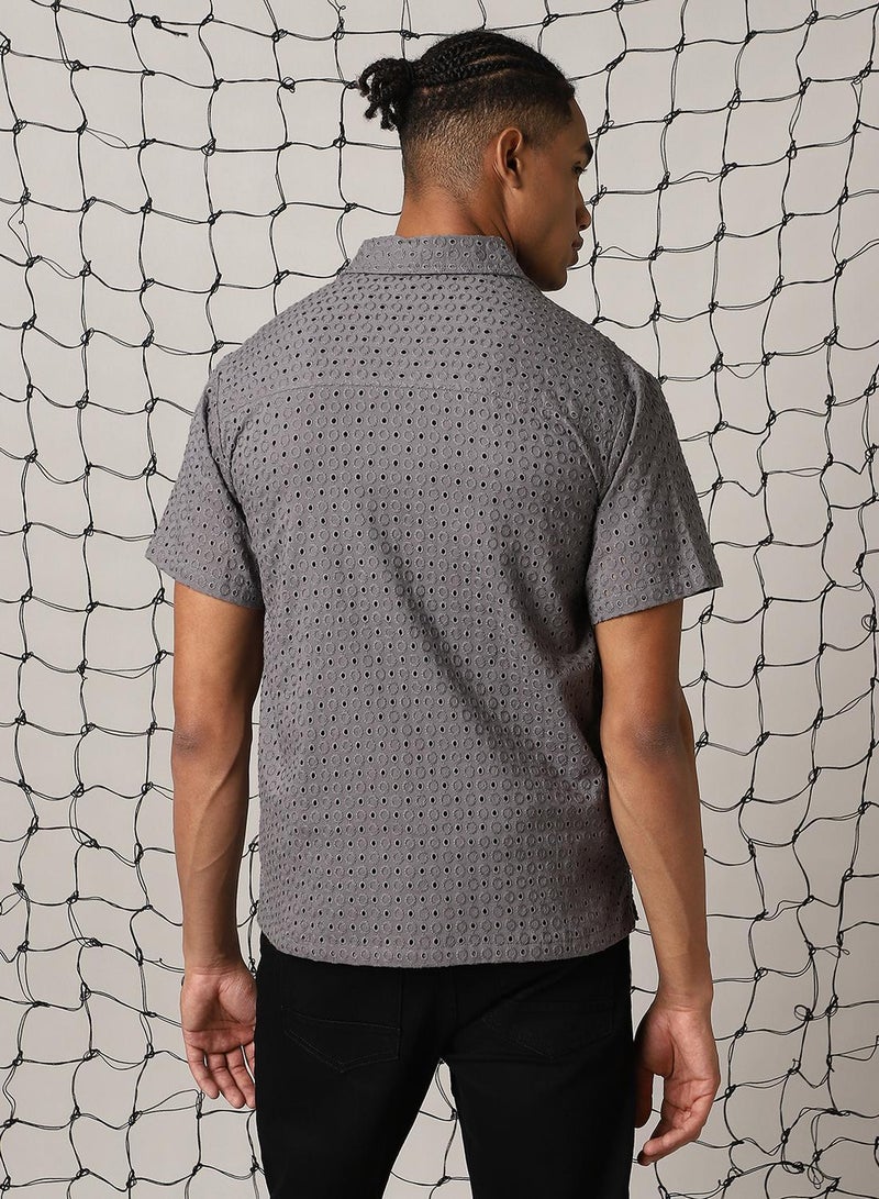 Hubberholme Men's Grey 100% Cotton Embroidered Button Down Shirt - Image 3