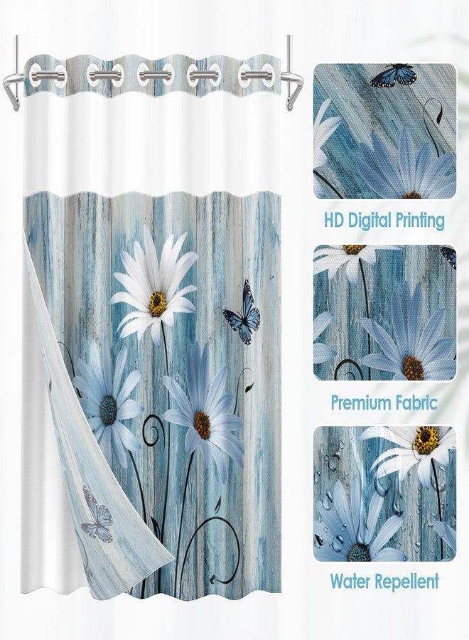 Nesphy No Hook Blue Daisy Shower Curtain with Snap in Fabric Liner Set, Wooden Boards Double Layers Waterproof Fabric with See Through Top Window Open Grommet Bath Curtain 71x74 Inch - Image 2