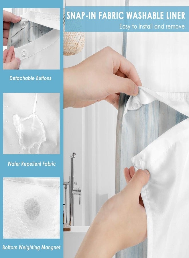 Nesphy No Hook Blue Daisy Shower Curtain with Snap in Fabric Liner Set, Wooden Boards Double Layers Waterproof Fabric with See Through Top Window Open Grommet Bath Curtain 71x74 Inch - Image 3