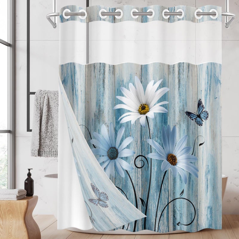Nesphy No Hook Blue Daisy Shower Curtain with Snap in Fabric Liner Set, Wooden Boards Double Layers Waterproof Fabric with See Through Top Window Open Grommet Bath Curtain 71x74 Inch - Image 1