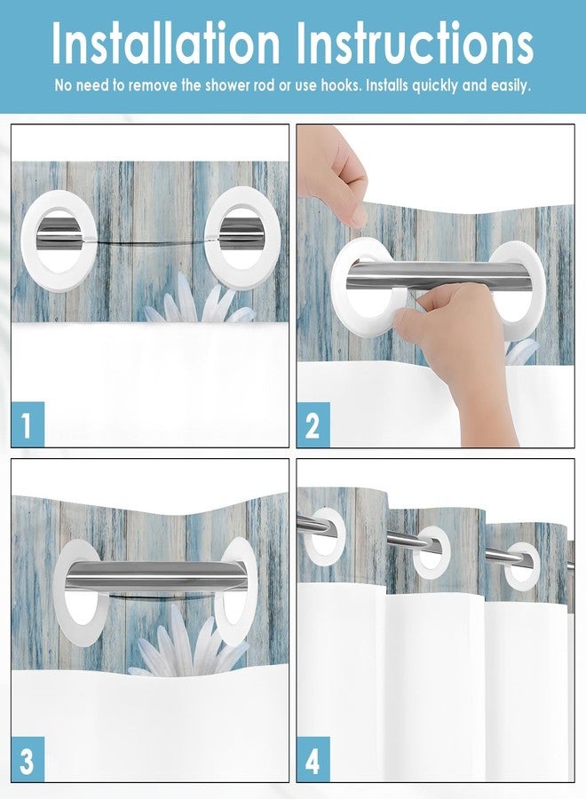 Nesphy No Hook Blue Daisy Shower Curtain with Snap in Fabric Liner Set, Wooden Boards Double Layers Waterproof Fabric with See Through Top Window Open Grommet Bath Curtain 71x74 Inch - Image 5