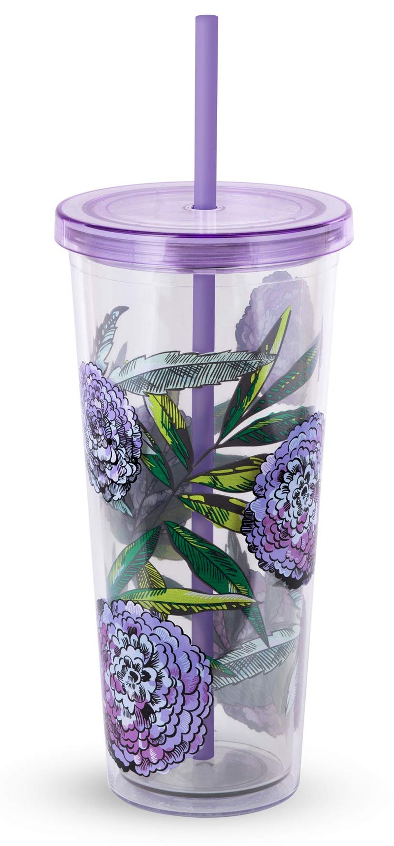 Vera Bradley Travel Tumbler with Lid and Straw 24 Ounce Insulated Cup Purple Floral Plastic Double Wall Tumbler Lavender Meadow