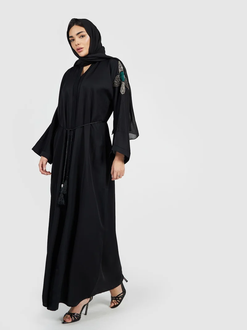 Designer Black Abaya with Emerald Green Crystal Shoulder Appliqué