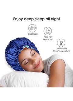 Silk Satin Bonnet for Sleeping, Double Layer Adjustable Silk Hair Bonnet for Men Women Sleeping, Suitable for Medium Curly Frizzy Wavy Hair, Satin Sleep Cap Hair Wrap, Navy
