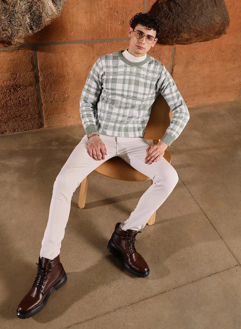 كامبوس سوترا Campus Sutra Men's Olive Green Plaid-Jacquard Knit Pullover Sweater | Round Neck , Ribbed Cuff Sleeves , Pull On Closure , Ribbed-Straight Hem | Checks Jacquard For Casual & Daily Wear