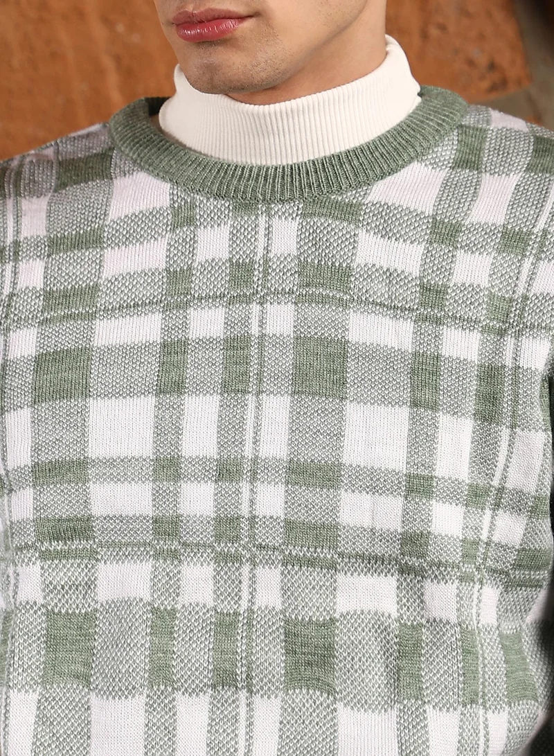 كامبوس سوترا Campus Sutra Men's Olive Green Plaid-Jacquard Knit Pullover Sweater | Round Neck , Ribbed Cuff Sleeves , Pull On Closure , Ribbed-Straight Hem | Checks Jacquard For Casual & Daily Wear