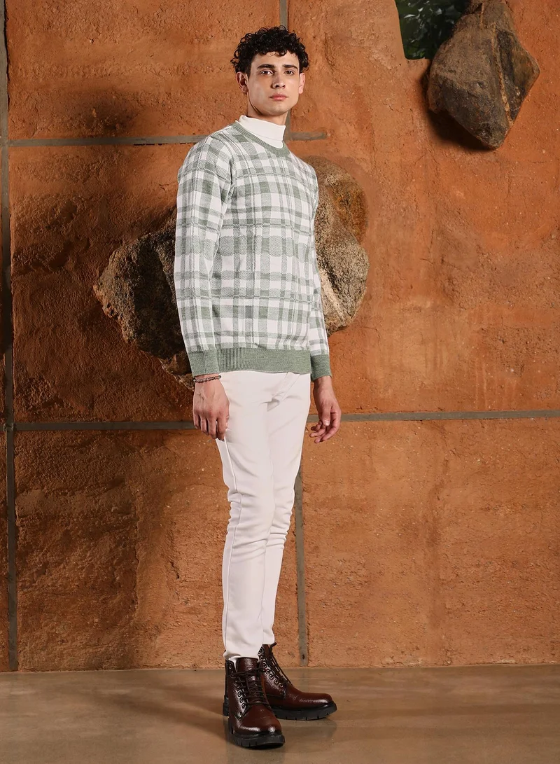 كامبوس سوترا Campus Sutra Men's Olive Green Plaid-Jacquard Knit Pullover Sweater | Round Neck , Ribbed Cuff Sleeves , Pull On Closure , Ribbed-Straight Hem | Checks Jacquard For Casual & Daily Wear