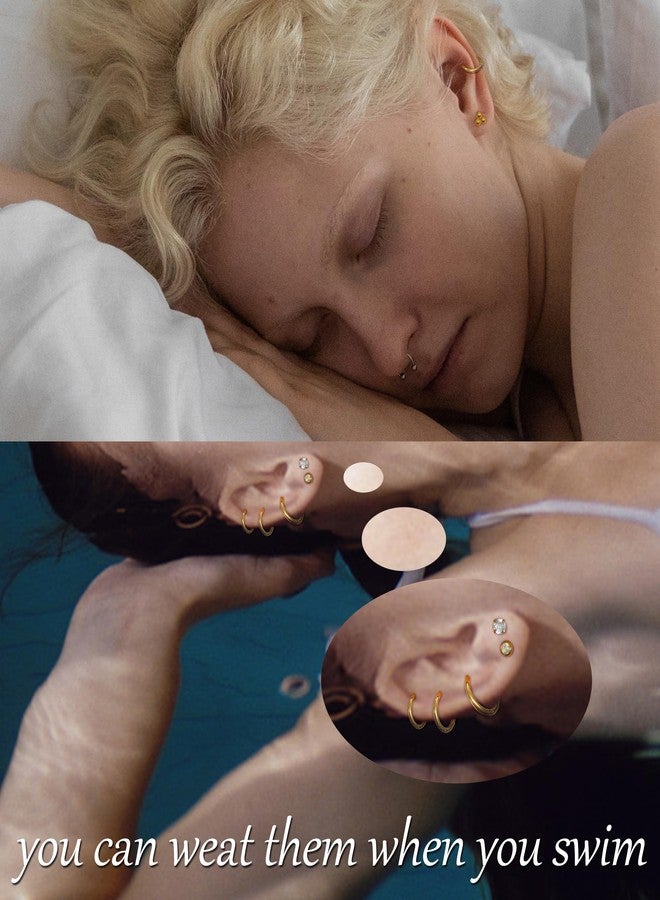 MJust 9 Pairs Flat Back Earrings for Women, 3 prs Hoops & 6 prs Studs Hypoallergenic Surgical Steel Earrings for Sensitive Ears, 20G Screw Back Cartilage Earrings Set with CZ & Opal (Aureate) - Image 3