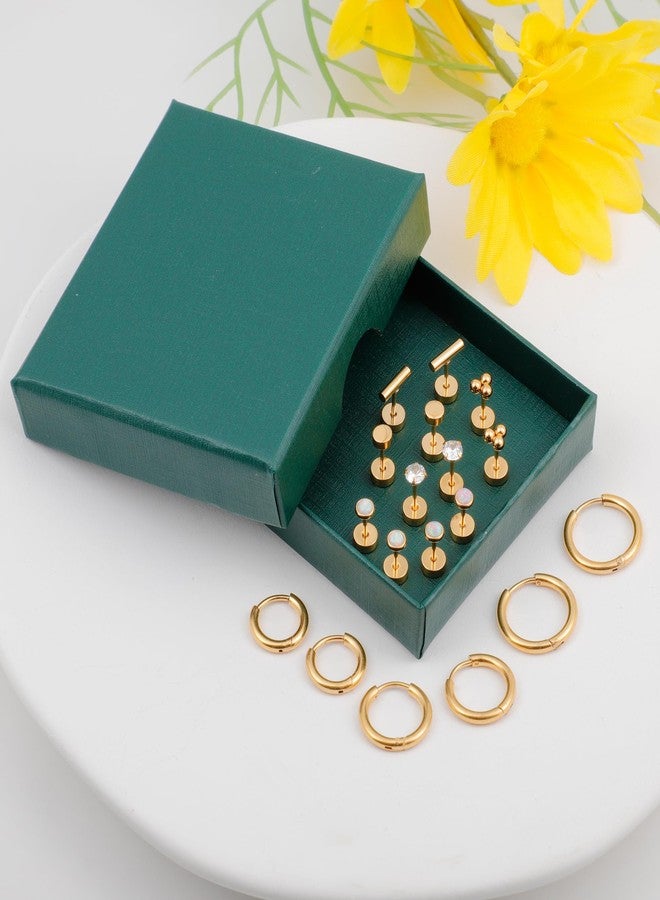 MJust 9 Pairs Flat Back Earrings for Women, 3 prs Hoops & 6 prs Studs Hypoallergenic Surgical Steel Earrings for Sensitive Ears, 20G Screw Back Cartilage Earrings Set with CZ & Opal (Aureate) - Image 5