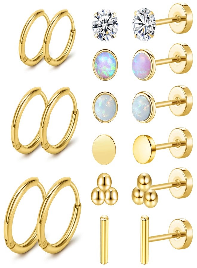 MJust 9 Pairs Flat Back Earrings for Women, 3 prs Hoops & 6 prs Studs Hypoallergenic Surgical Steel Earrings for Sensitive Ears, 20G Screw Back Cartilage Earrings Set with CZ & Opal (Aureate) - Image 1