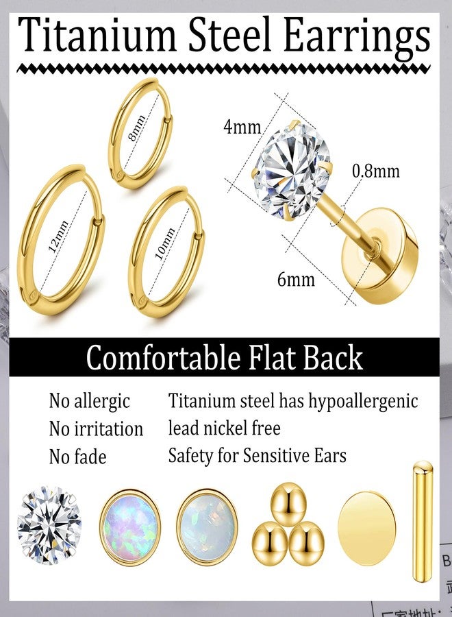 MJust 9 Pairs Flat Back Earrings for Women, 3 prs Hoops & 6 prs Studs Hypoallergenic Surgical Steel Earrings for Sensitive Ears, 20G Screw Back Cartilage Earrings Set with CZ & Opal (Aureate) - Image 2
