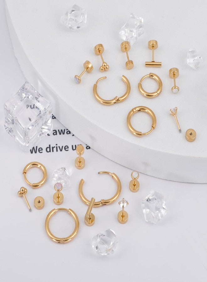 MJust 9 Pairs Flat Back Earrings for Women, 3 prs Hoops & 6 prs Studs Hypoallergenic Surgical Steel Earrings for Sensitive Ears, 20G Screw Back Cartilage Earrings Set with CZ & Opal (Aureate) - Image 4