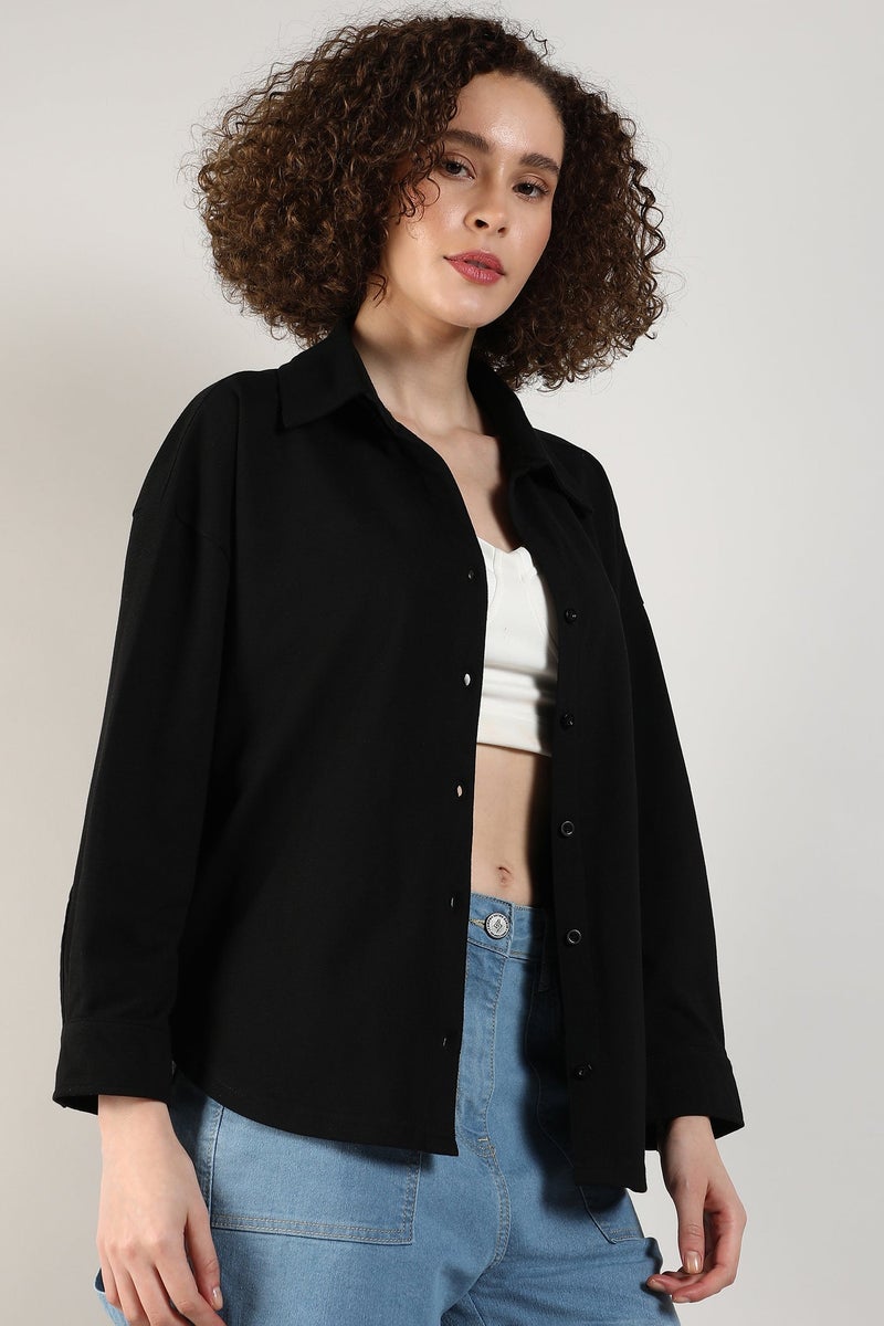 Campus Sutra Women's Obsidian Black Solid Boxy Shirt - Image 3