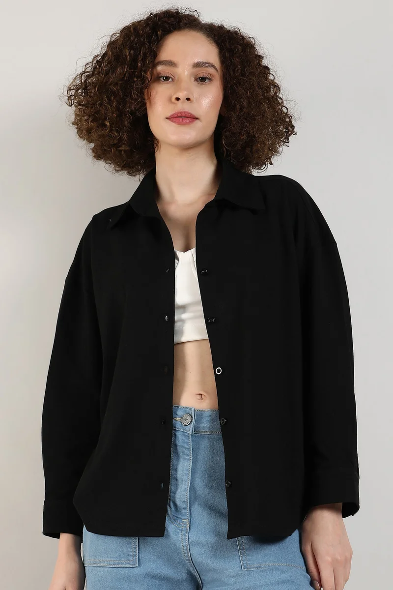 Campus Sutra Women's Obsidian Black Solid Boxy Shirt