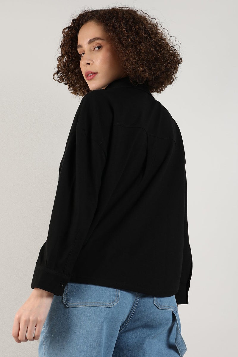 Campus Sutra Women's Obsidian Black Solid Boxy Shirt - Image 5