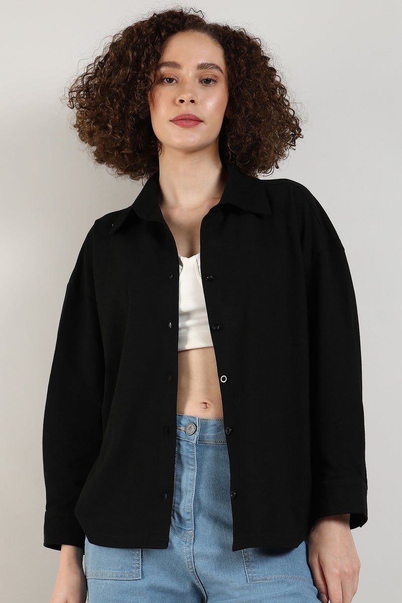 Campus Sutra Women's Obsidian Black Solid Boxy Shirt - Image 1