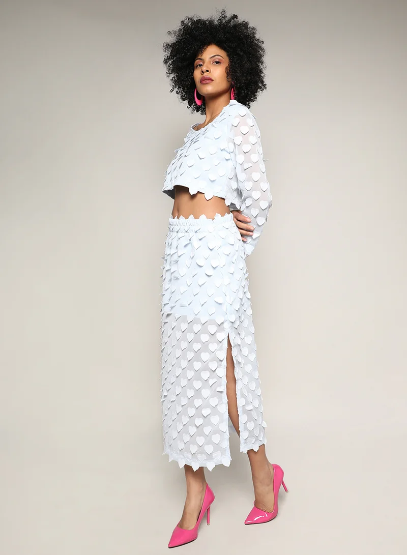 PINACOLADA Women's Baby Blue Sheer Applique Co-Ord Set With Slit For Casual Wear | Round Neck | Long Sleeve | Zipper Closure | Co-Ords Designed With Comfort Fit For Woman & Girls