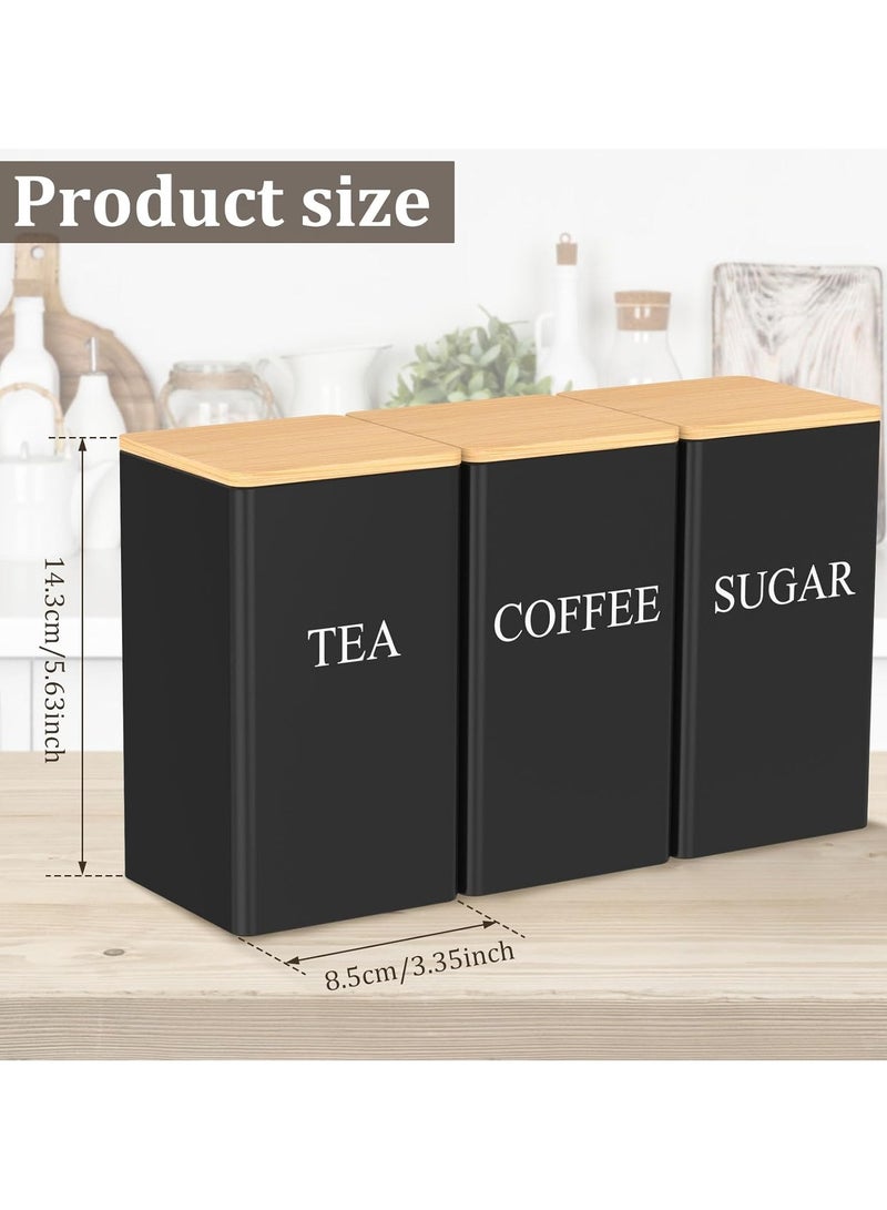 فلوشرينيك مجموعة 3 قطع من علب الشاي والقهوة والسكر 1000 مل معدنية مربعة سوداء مع غطاء خيزران محكم الإغلاق وعلامة اسم - علبة تخزين طعام مزخرفة للمطبخ - Image 2