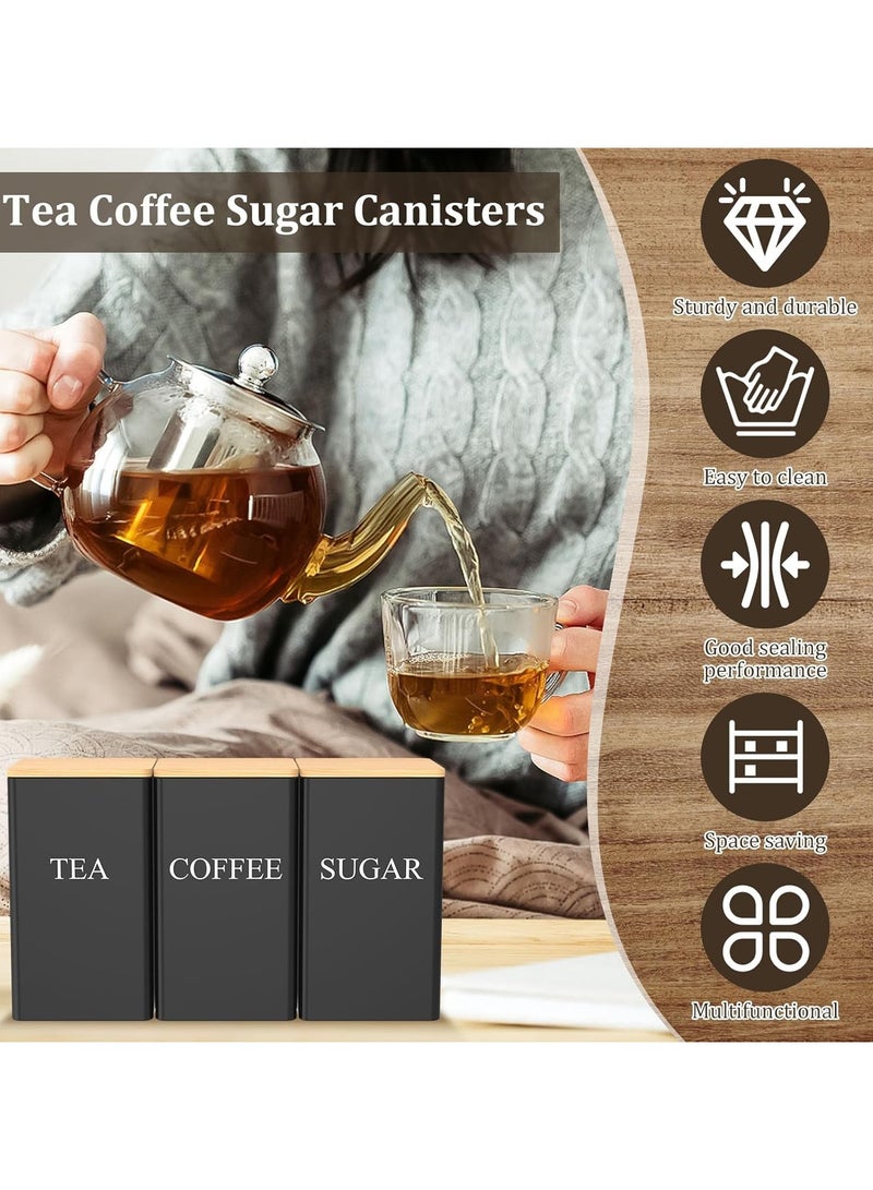 فلوشرينيك مجموعة 3 قطع من علب الشاي والقهوة والسكر 1000 مل معدنية مربعة سوداء مع غطاء خيزران محكم الإغلاق وعلامة اسم - علبة تخزين طعام مزخرفة للمطبخ - Image 3
