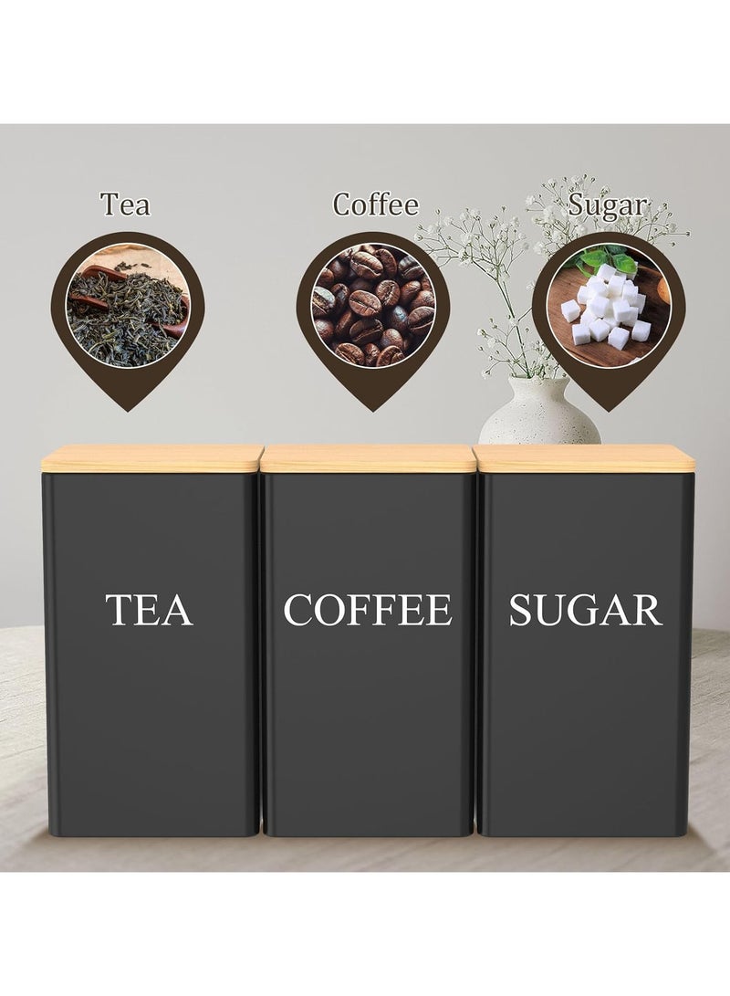فلوشرينيك مجموعة 3 قطع من علب الشاي والقهوة والسكر 1000 مل معدنية مربعة سوداء مع غطاء خيزران محكم الإغلاق وعلامة اسم - علبة تخزين طعام مزخرفة للمطبخ - Image 5
