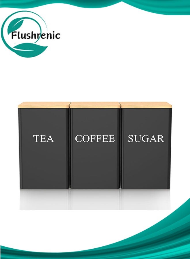 فلوشرينيك مجموعة 3 قطع من علب الشاي والقهوة والسكر 1000 مل معدنية مربعة سوداء مع غطاء خيزران محكم الإغلاق وعلامة اسم - علبة تخزين طعام مزخرفة للمطبخ - Image 1