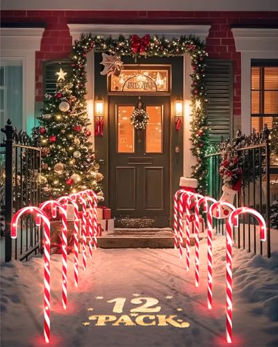 COOLWUFAN 12 Pack Christmas Candy Cane Pathway Markers 17 Christmas Outdoor Decorations Pathway Lights with 60 Warm Lights for Indoor and Outdoor Xmas Holiday Party Patio Yard Decor - Image 1