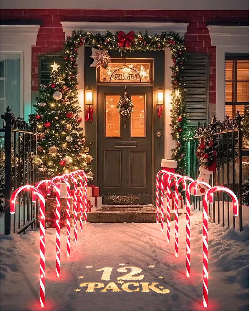 COOLWUFAN 12 Pack Christmas Candy Cane Pathway Markers 17 Christmas Outdoor Decorations Pathway Lights with 60 Warm Lights for Indoor and Outdoor Xmas Holiday Party Patio Yard Decor - Image 2