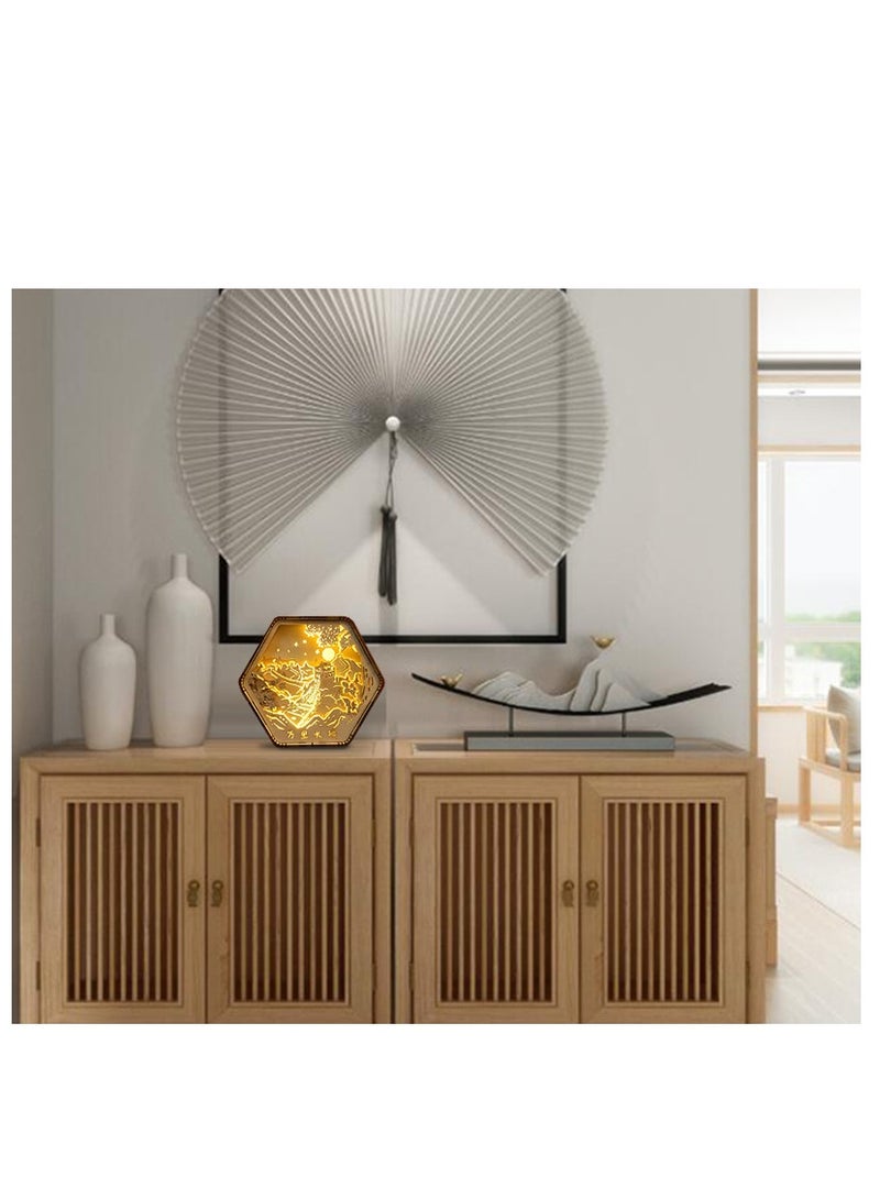 general Dunhuang wood carving lamp creative gift retro literary gift bedside, living room, bedroom, office, dining room, 3D night light decorative ornament table lamp paper carving lamp - yellow crane tower pattern - Image 3