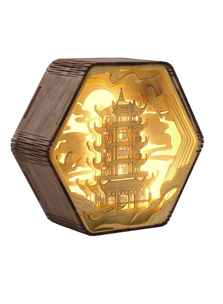 general Dunhuang wood carving lamp creative gift retro literary gift bedside, living room, bedroom, office, dining room, 3D night light decorative ornament table lamp paper carving lamp - yellow crane tower pattern - Image 1