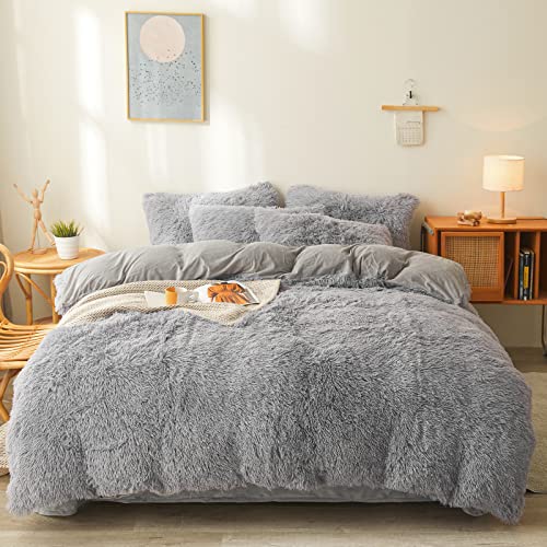 FOPPA Plush Comforter Cover Set Queen Ultra Soft Fuzzy Gray Bedding 3 Pieces Faux Fur Duvet Cover 2 Shaggy Pillow Cases Fluffy Bed Set