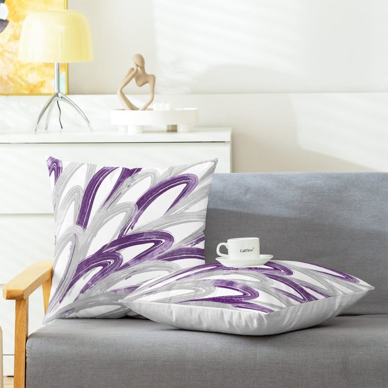 CaliTime Throw Pillow Cases Pack of 2 Cozy Fleece Two-tone Abstract Feather Decorative Cushion Covers for Couch Bed Sofa Farmhouse Decoration 16 X 16 Inches Purple Grey - Image 3