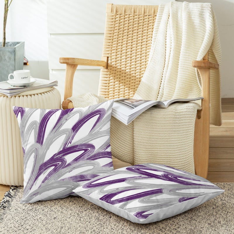 CaliTime Throw Pillow Cases Pack of 2 Cozy Fleece Two-tone Abstract Feather Decorative Cushion Covers for Couch Bed Sofa Farmhouse Decoration 16 X 16 Inches Purple Grey - Image 4