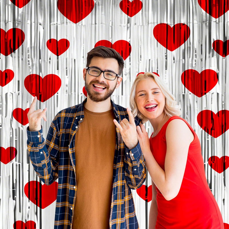 MOUNTCLIM Valentines Day Foil Curtain, Heart Foil Fringe Curtains Backdrop, 4 Pack Red Silver Valentine Tinsel Fringe Curtain Decor for Party Photo Booth, Wedding, Valentine's Day Decorations - Image 2