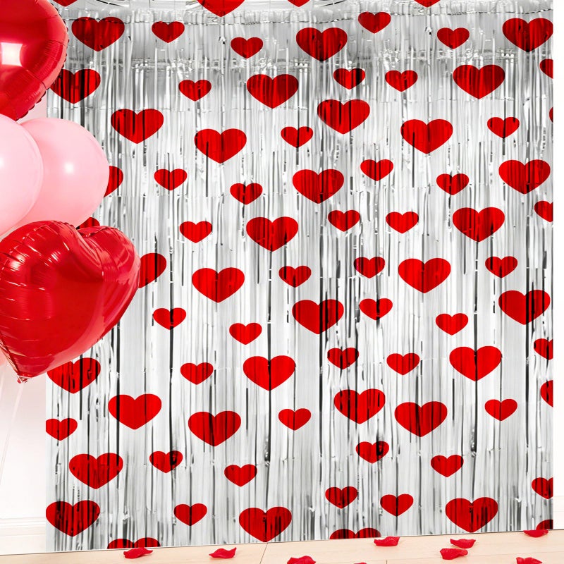 MOUNTCLIM Valentines Day Foil Curtain, Heart Foil Fringe Curtains Backdrop, 4 Pack Red Silver Valentine Tinsel Fringe Curtain Decor for Party Photo Booth, Wedding, Valentine's Day Decorations - Image 1