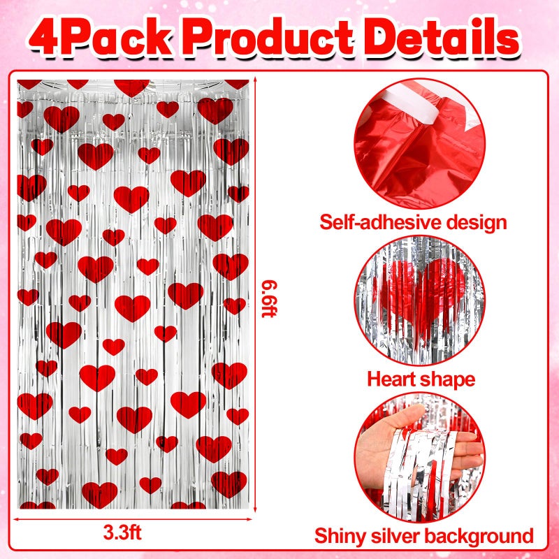 MOUNTCLIM Valentines Day Foil Curtain, Heart Foil Fringe Curtains Backdrop, 4 Pack Red Silver Valentine Tinsel Fringe Curtain Decor for Party Photo Booth, Wedding, Valentine's Day Decorations - Image 3