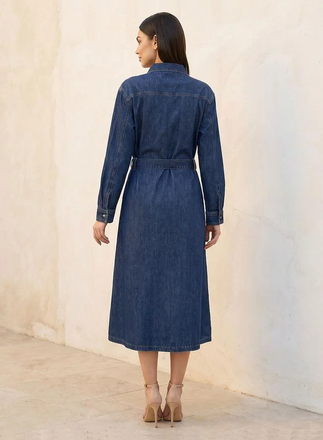 Splash FAV BLUE Denim Shirt Midi Length Cotton Dress with Belt for Women | Best Price UAE