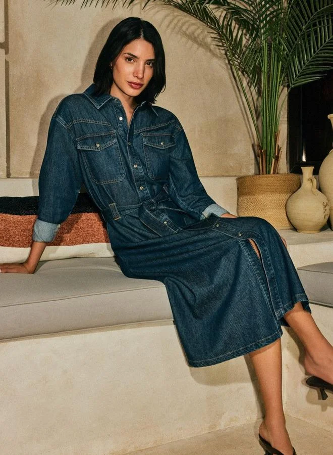 Denim Shirt Midi Length Cotton Dress with Belt