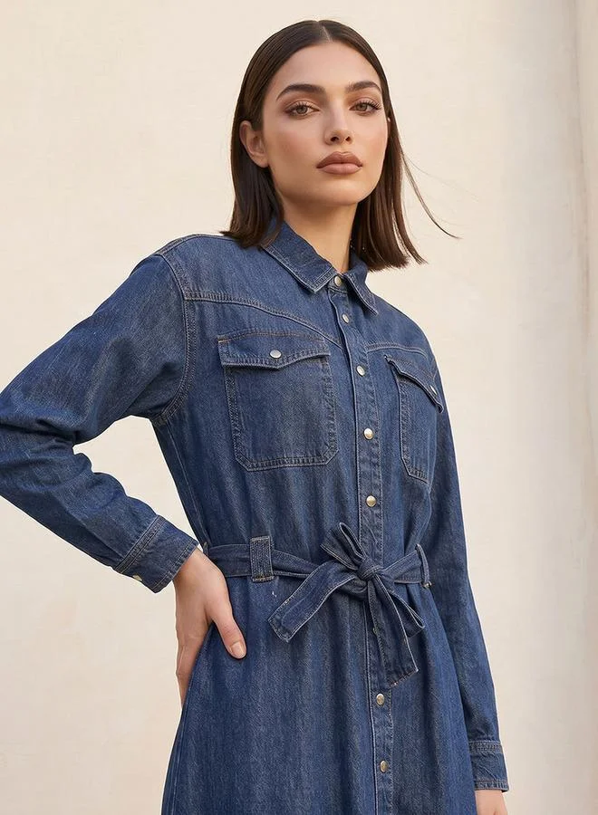 Splash FAV BLUE Denim Shirt Midi Length Cotton Dress with Belt for Women | Best Price UAE