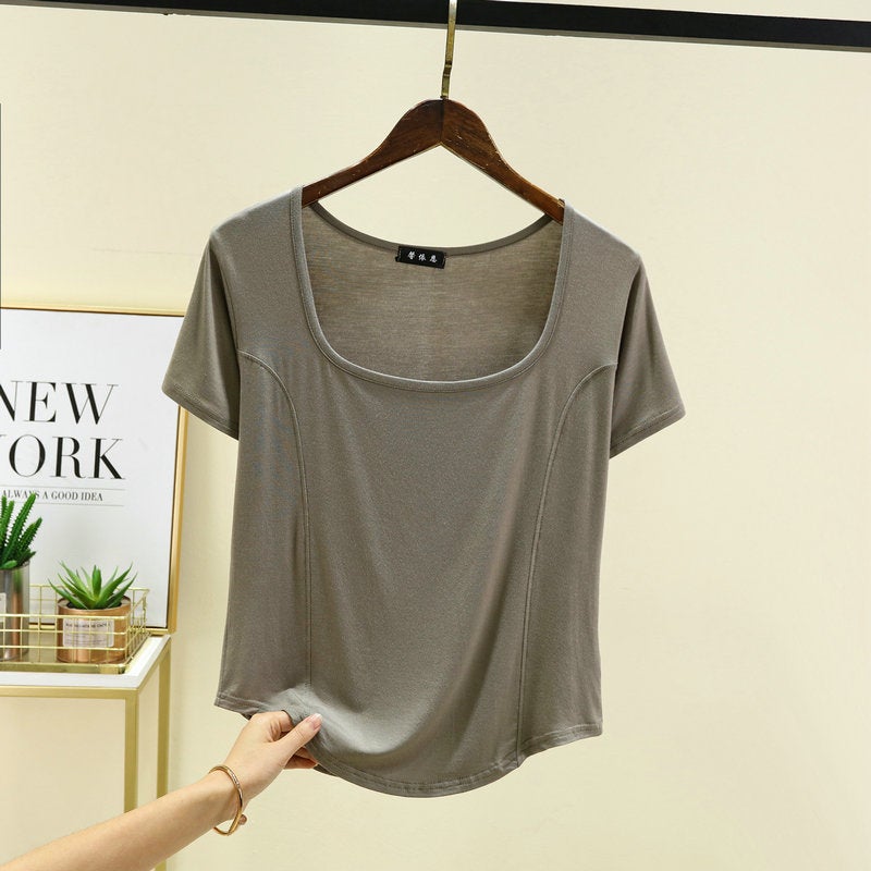 Black Modal Square Collar Short-Sleeved T-Shirt For Women Summer Slim-Fit Off-The-Collarbone Top French Half-Sleeve Base - Image 4